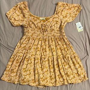 Floral Puff-Sleeve Mini Dress in Mustard Yellow